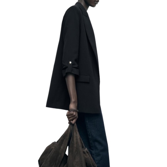 Zara Black Roll Button Sleeve Open Front Blazer Jacket - L - Picture 4 of 16